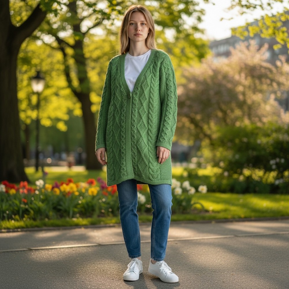 Aran Crafts Ireland 100% Merino Wool Cable Knit Cardigan Green Womens XS Long